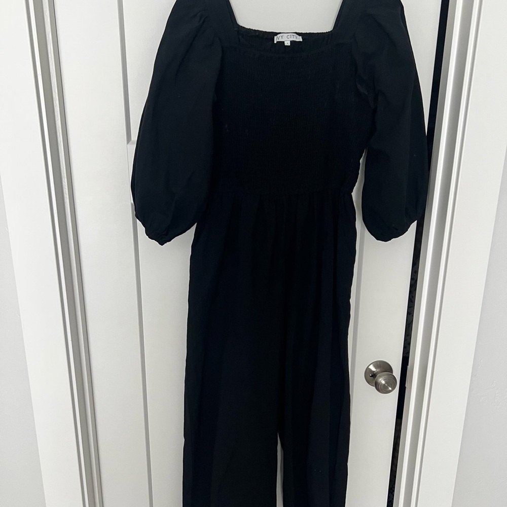 Ivy City Co Smocked Black Puff Sleeve Jumpsuit - Large